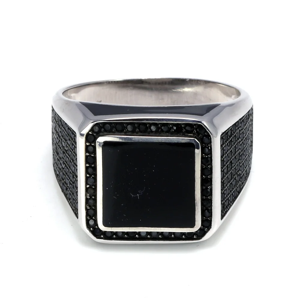 Real 925 Sterling Silver Rings Turkish Rings For Men Rings With Square Imitated Stone Black Micro Pave Zircon Turkey Jewelry