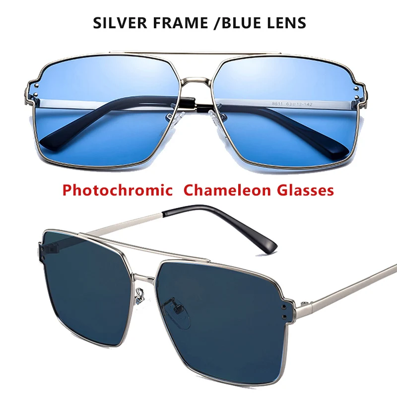 Silver-blue Квадратные фотохромные солнцезащитные очки для мужчин и женщин, поляризационные очки-хамелеоны, HD солнцезащитные очки, синие, желтые, для дня, ночного видения, очки для вождения - Цвет линз: Silver-blue