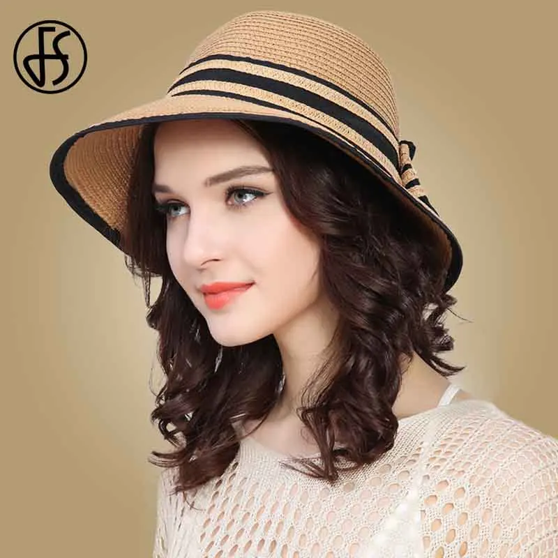 Женская соломенная шляпа FS летняя пляжная складная с широкими полями и бантом