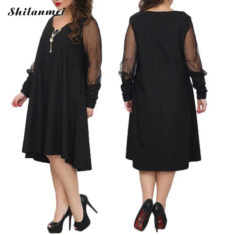 Casual Loose Midi Dress Women Plus Size 6XL 2018 Autumn Long Sleeve A-Line Dresses Summer Mesh Patchwork Irregular Vestidos Robe | Женская