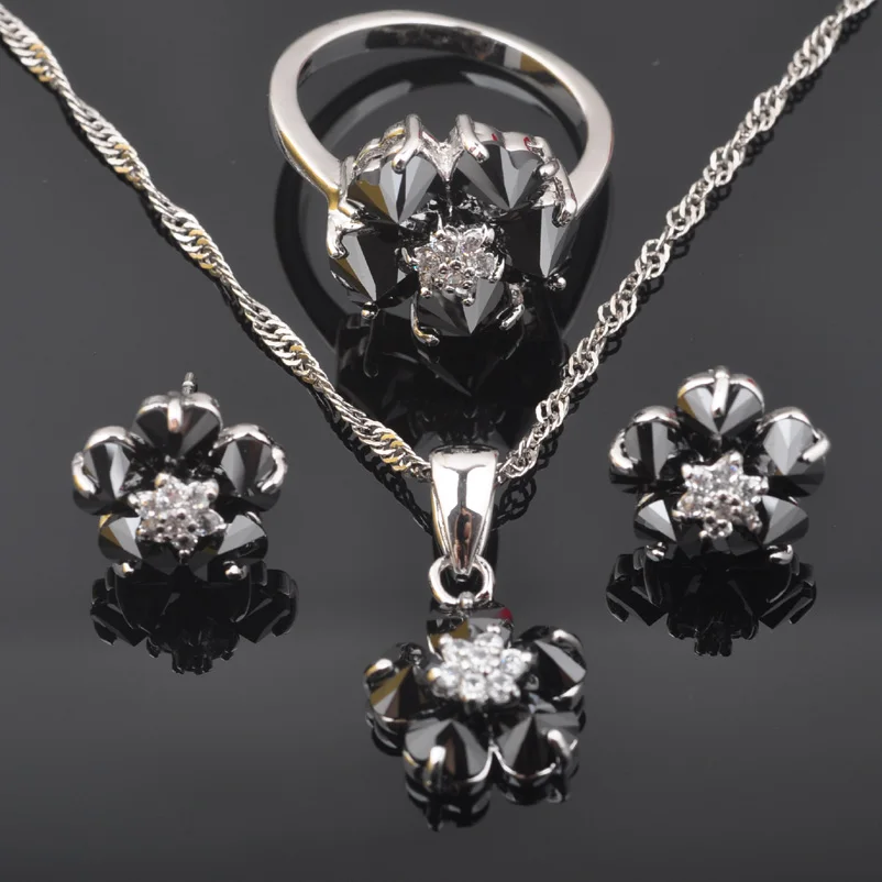 Новинка женский ювелирный набор серебряного цвета с блестящим цветком и черным
