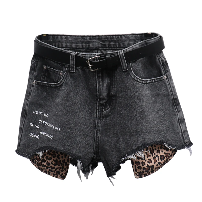 

2020 spring summer denim shorts wide leg women hole loose fashion leopard jeans shorts
