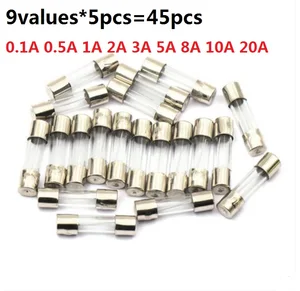 Набор предохранителей 5*20, стекло 9 значений * 5 шт. = 45 шт. (0,1a100ma 0,5a 1A 2A 3A 5A 8A 10A 20A), набор быстрого удара в ассортименте, 5*20 мм каждый 5 шт.