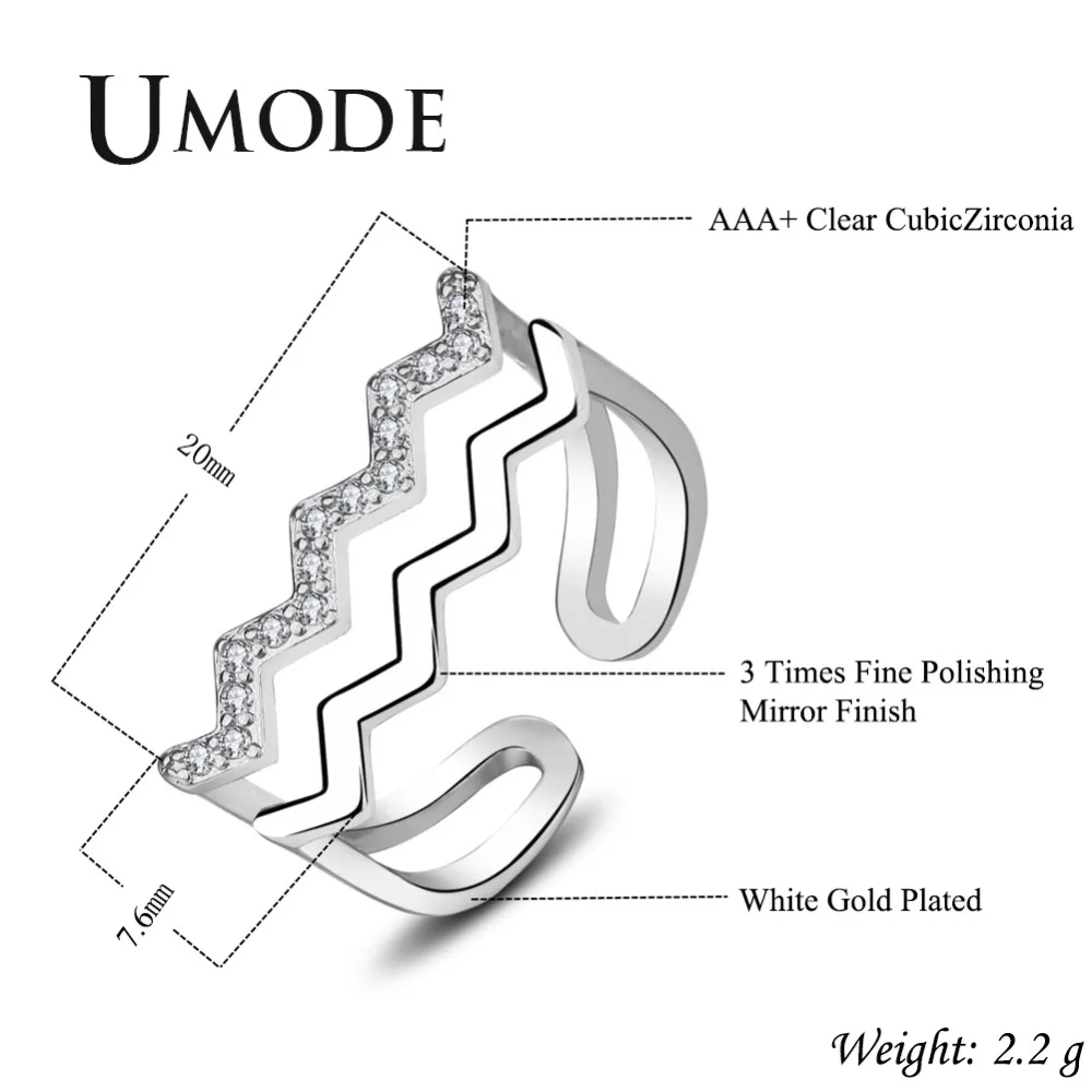 UMODE модное волнистое открытое Манжетное кольцо для женщин циркониевое обходное