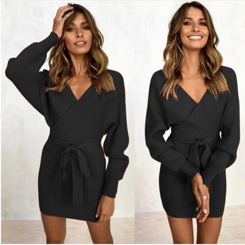 Осенне-зимнее платье женское винтажное сексуальное с v-образным вырезом и