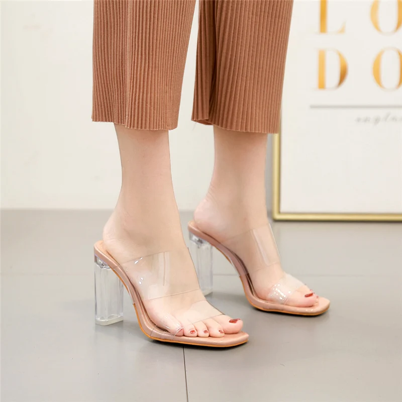 Женские прозрачные туфли без задника на высоком каблуке 10 см размера плюс 42 2020