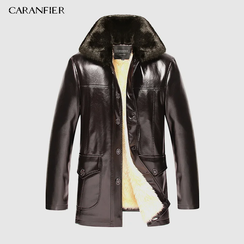 126B Brown CARANFIER мужская зимняя куртка плюс бархатная Толстая куртка для мужчин среднего возраста кожаная мужская куртка с меховым воротником Съемная мужская одежда 4XL - Цвет: 126B Brown