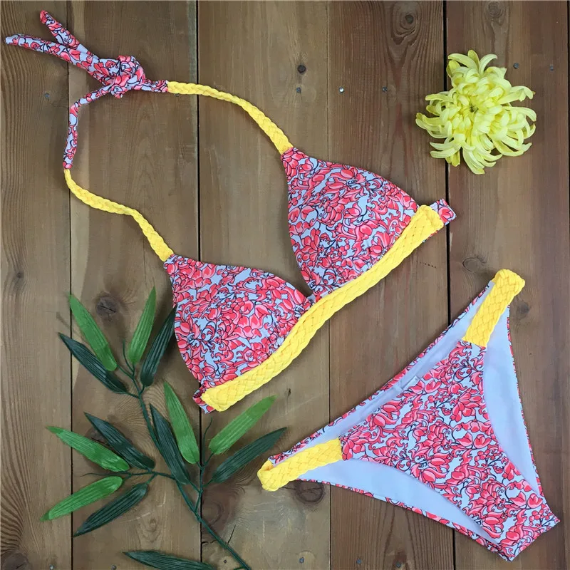 2019 Sexy Printed Bikini Cut Swimwear Women LOW Waist Bathing Suits Swim Halter Push Up maillot de bain biquini |