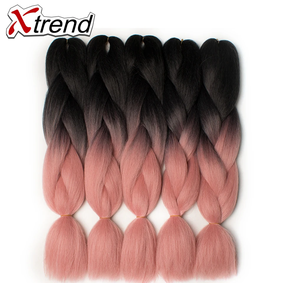 Xtrend, 8 шт., большие синтетические косы, вязанные крючком волосы, 24 дюйма, Омбре, косички, наращивание волос для женщин, розовый, один тон, два тона, три тона