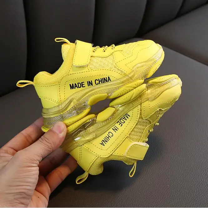 Fluorescent Yellow Children's shoes autumn new arrive classic style crystal bottom candy color mesh breathable sports shoes - Color: Fluorescent Yellow