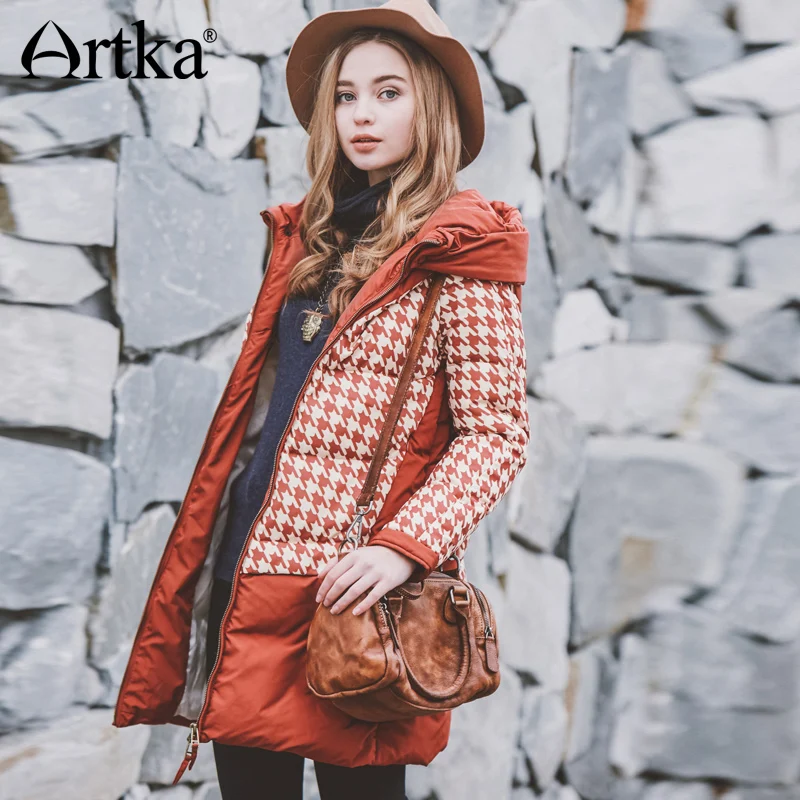 ARTKA зимняя парка женские толстые пальто клетчатая куртка с капюшоном Женская
