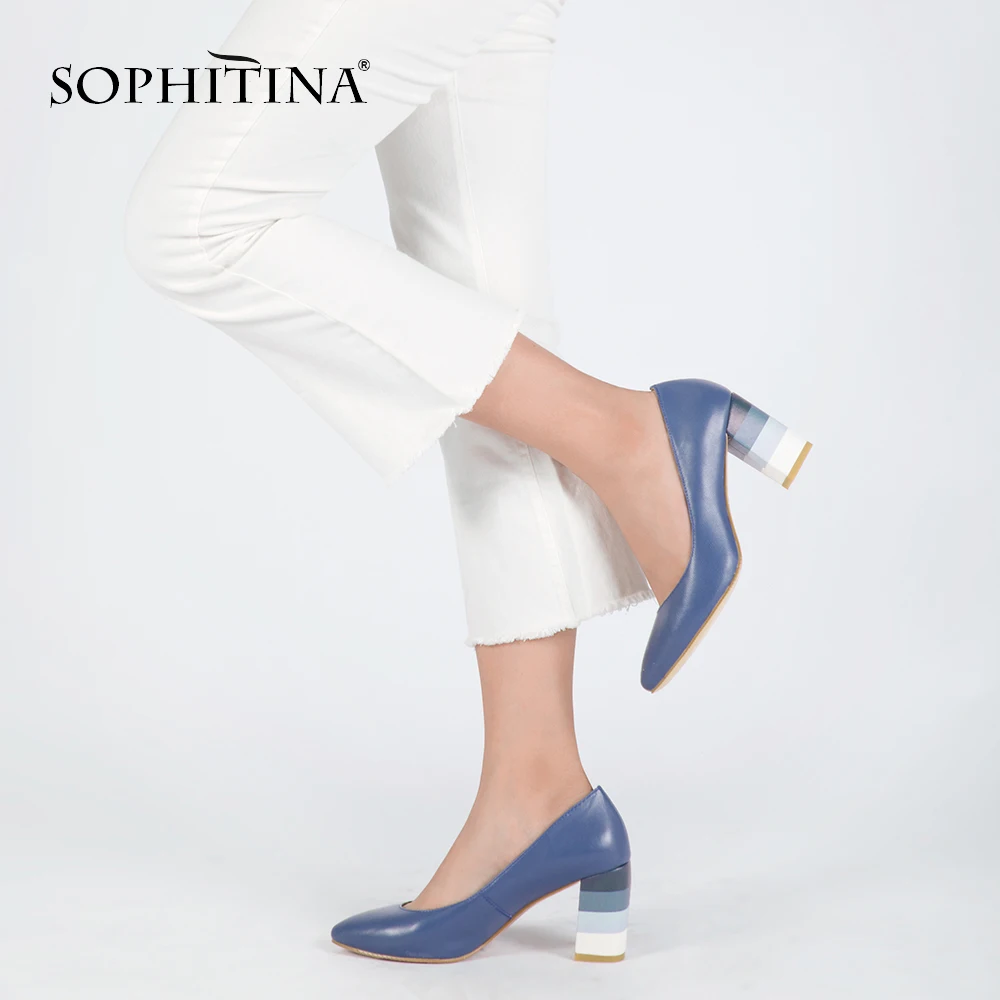 SOPHITINA/Модные туфли женские из натуральной кожи; Классическая дамская обувь на красивом обтянутом каблуке полосатым материалом; Туфли-лодочки высококачественные с острым носом на толстом каблуке; Обувь для женщинD02