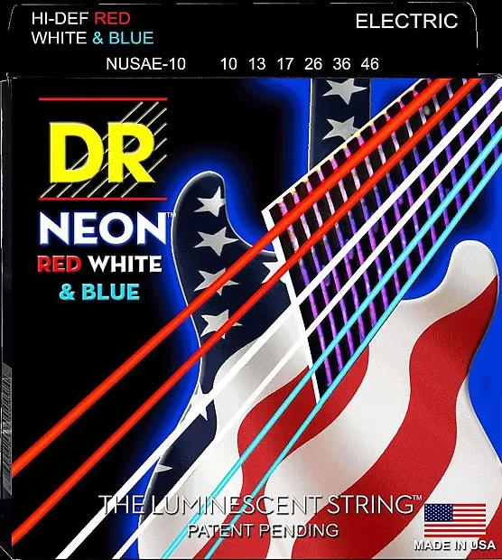 

DR K3 Hi-def Neon Red White Blue USA Flag Luminescent Electric Guitar Strings, Light 09-42 or Medium 10-46