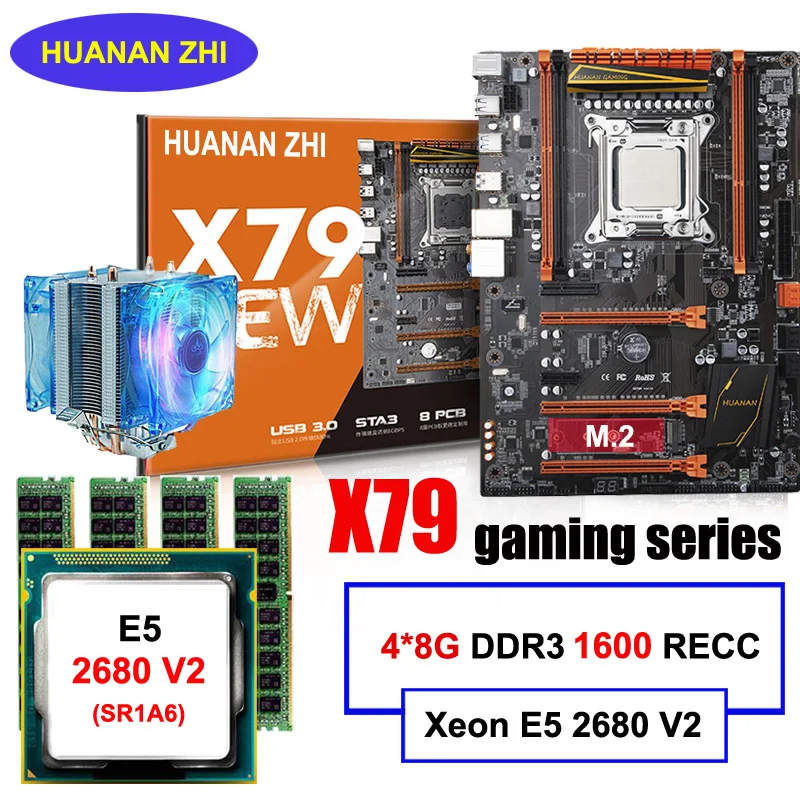 Хорошее качество huanan Zhi deluxe скидка X79 материнская плата с M.2 слотом cpu Xeon E5 2680 V2 с кулером ram 32G(4*8G) 1600 RECC