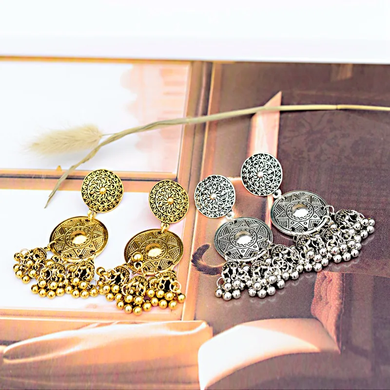 OIQUEI Boho Винтаж Jhumka Заявление Большие колокольчики кисточкой Висячие серьги для женщин этнические круглые резные brincos цыганские индийские ювелирные изделия
