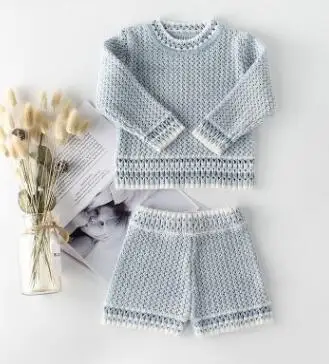 blue as pic Вязаные комплекты для маленьких девочек и мальчиков Одежда для маленьких мальчиков комплекты детской одежды на осень и зиму вязаный свитер и шорты Комплект для малышей - Цвет: blue as pic