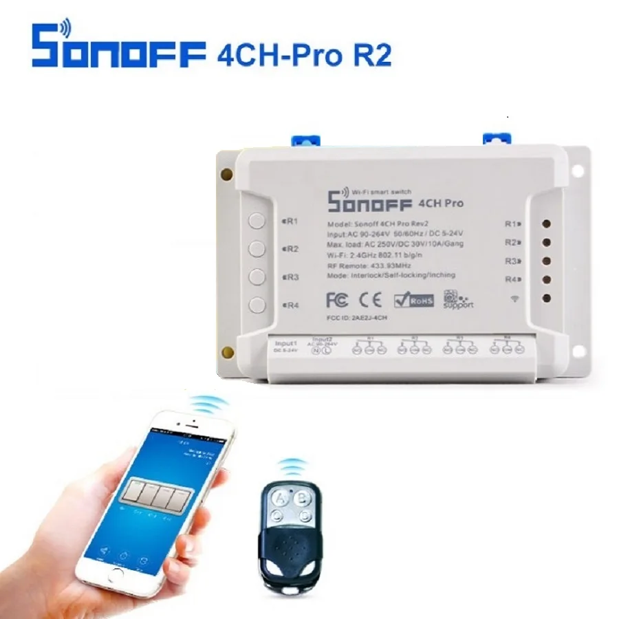 Sonoff 4CH Pro R2 10A 2200 Вт 433 мГц RF толчковой/самоконтрящаяся/блокировки умный дом WI FI
