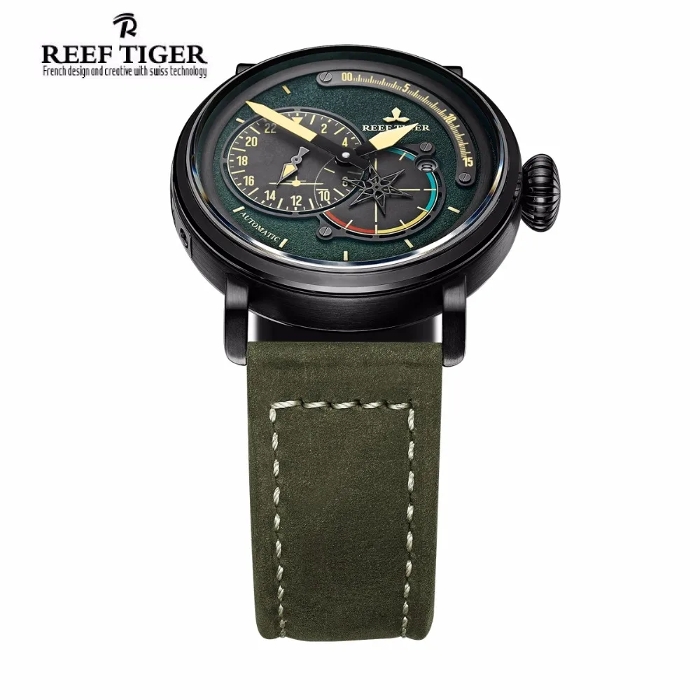 Мужские часы с ремешком из натуральной кожи Reef Tiger брендовые водонепроницаемые