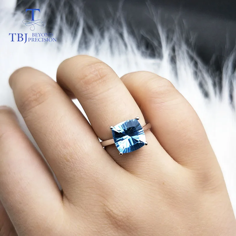 TBJ простой драгоценный камень кольцо с натуральным 5.3ct Подушка бразильское небо