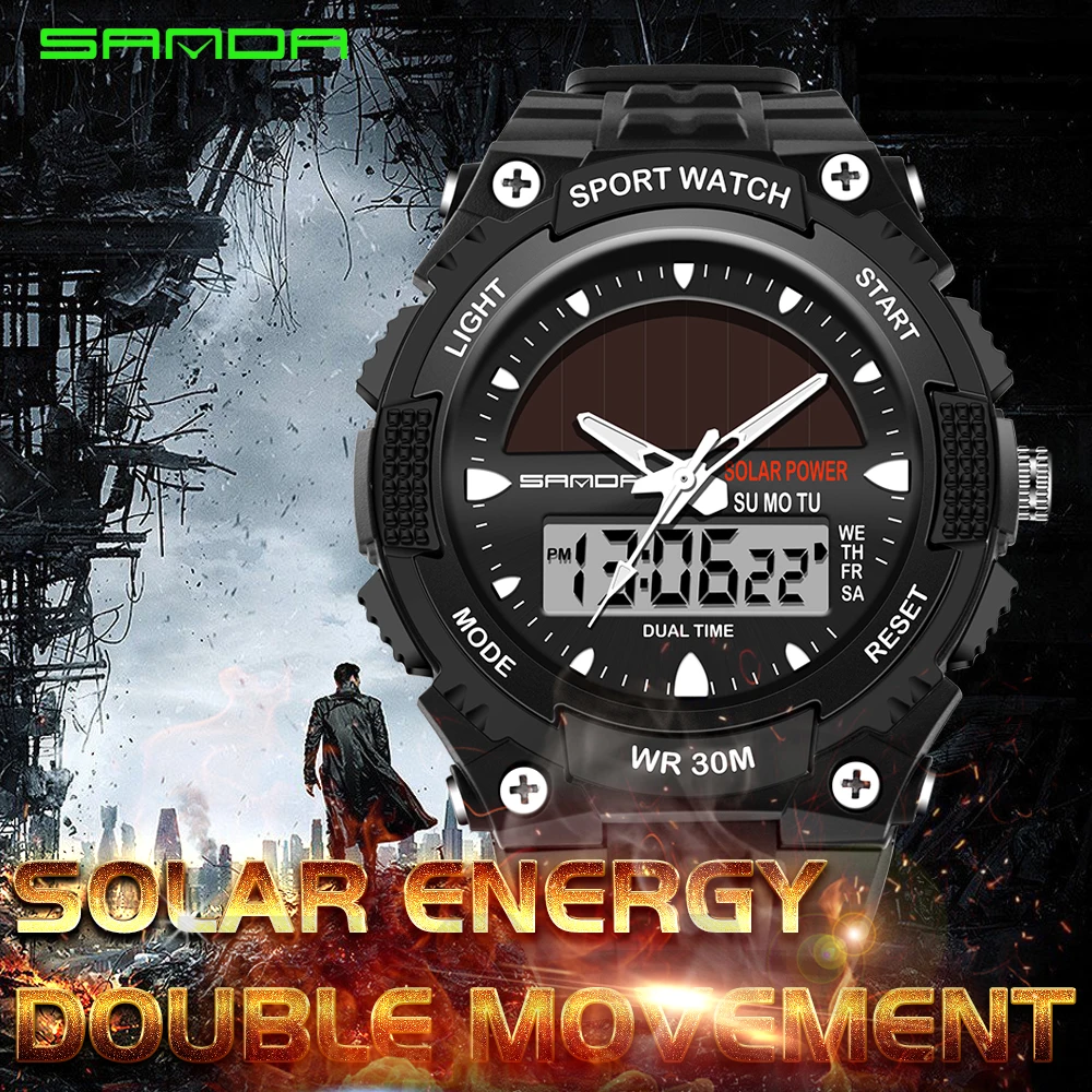 Мужские часы с солнечной батареей модные водонепроницаемые светодиодные
