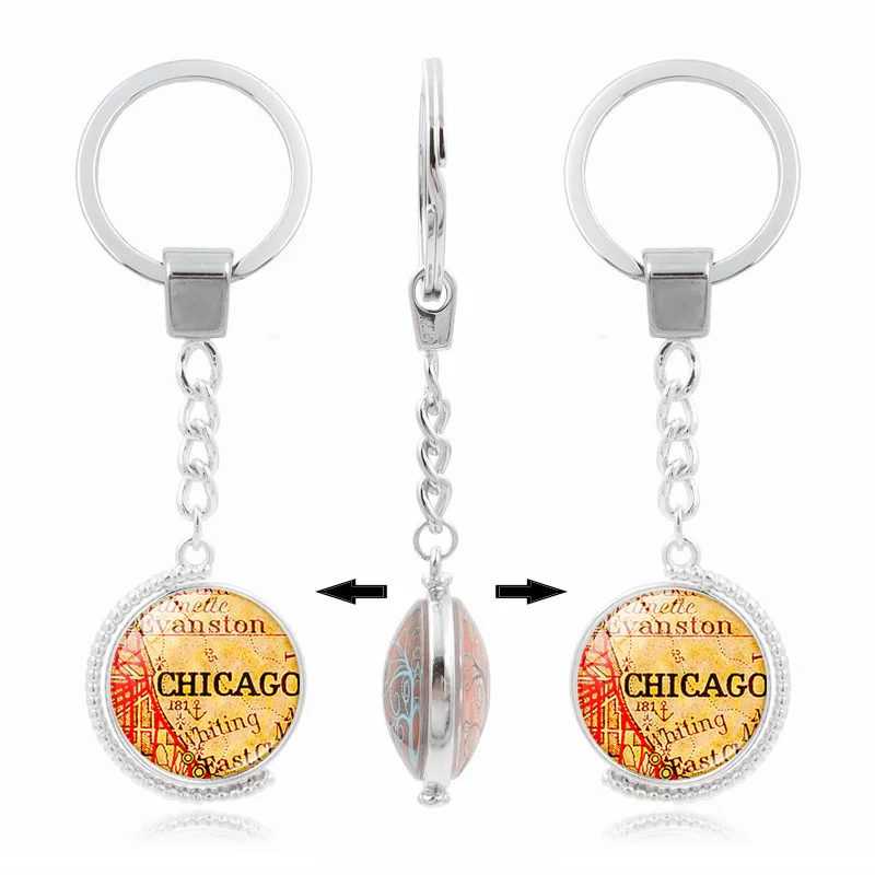 Брелок для ключей XUSHUI Chicago Map двухсторонний вращающийся стеклянный купольный