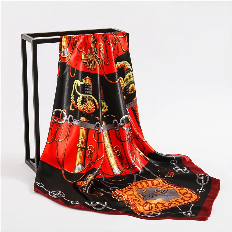 

2020 New Luxury Big Square Scarf Women Silk Satin Neck Scarfs Chain Print Hijab Shawl Bandana Lady Foulard Head Band