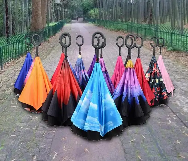 Горячие творческие перевернутые Зонты Двойной слой с C ручкой наизнанку обратный