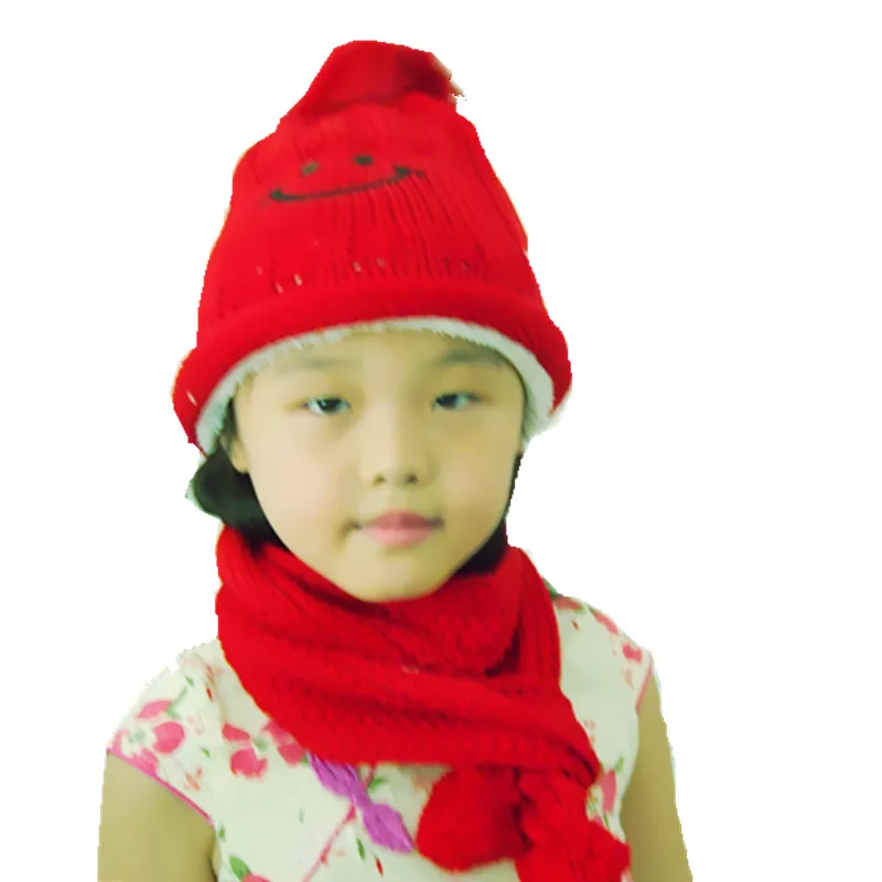 new warm plush thick smile embroidery wool ball baby beanies + scarf sets boys girls caps collars kids winter wear 1-5 years hat |