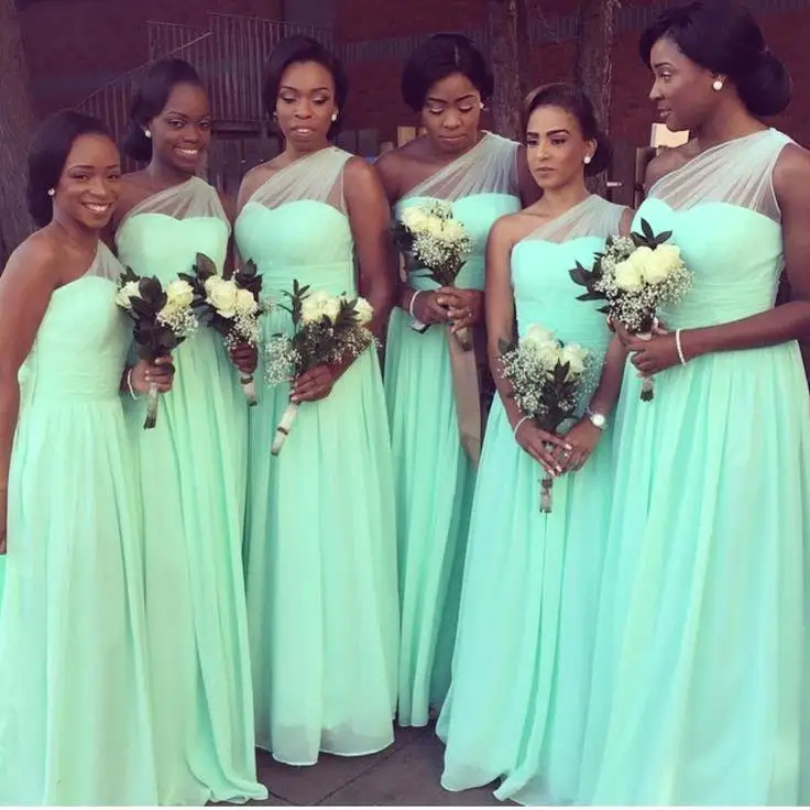 

Mint Green 2019 Cheap Bridesmaid Dresses A-line One-shoulder Chiffon Long Wedding Party Dresses For Women Bride Gown Lace U