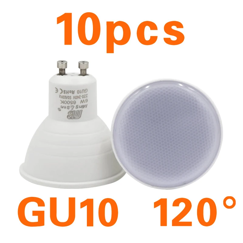 10 шт. GU10 MR16 Светодиодный прожектор 220 В 6 Вт SMD2835 чип угол луча 120/24 пластиковый алюминиевый прожектор энергосберегающее домашнее освещение - Испускаемый цвет: 10PCS GU10 120 degre