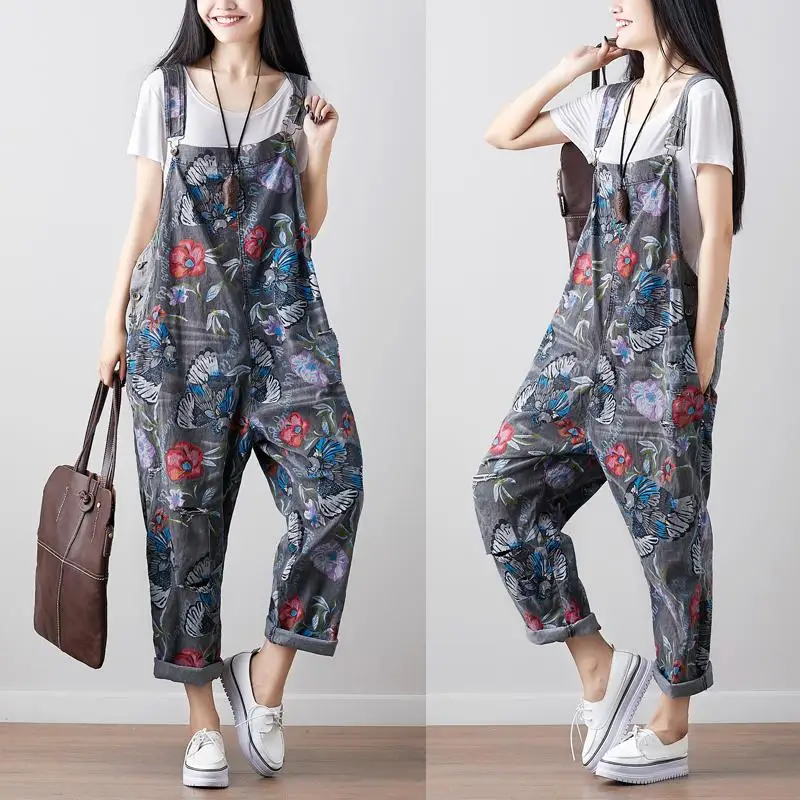 Free Shipping 2019 New Fashion Flower Print Overalls Denim Loose Jumpsuits And Rompers With Holes Long Pants Summer Jumpsuits