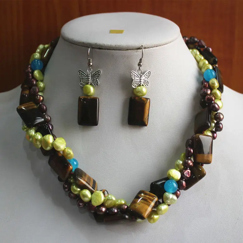 Очаровательные серьги в виде тигрового глаза 3 ряда жемчужное ожерелье кулон