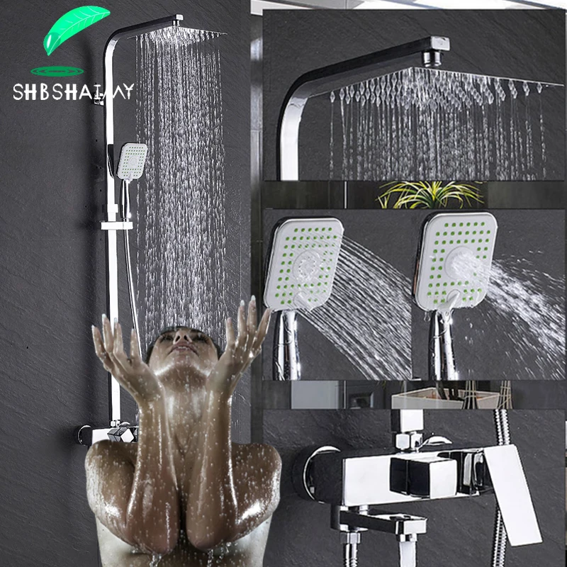 

Chrome Brass Bathroom Shower Faucet Set Wall Mounted 8'' 12'' Square Rainfall Shower Head Hot Cold Bath Shower Set