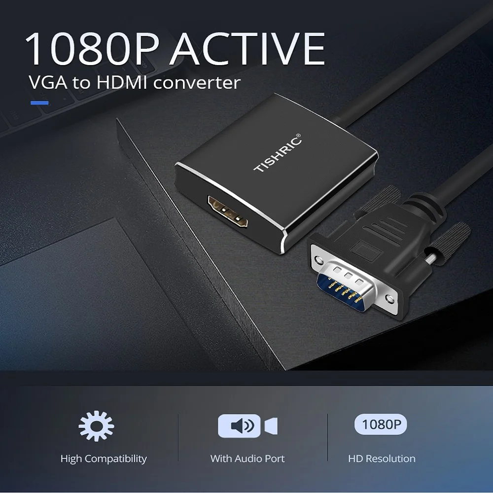 TISHRIC активный VGA папа к HDMI Женский кабель адаптер конвертер с аудио портом питания