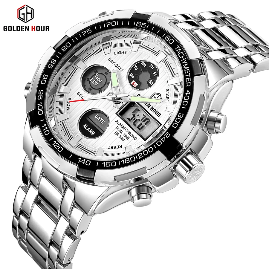 

Top Brand Luxury Men Sports Watches Full Steel Golden Plating Waterproof Alarm Date LED Digital Analog Military Wristwatch gift