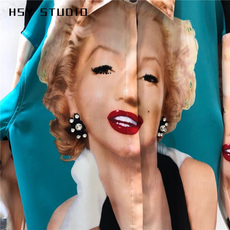 【HSY studo】2019 Летний новый тренд Монро печати Swarovski деталь костюм с длинным рукавом