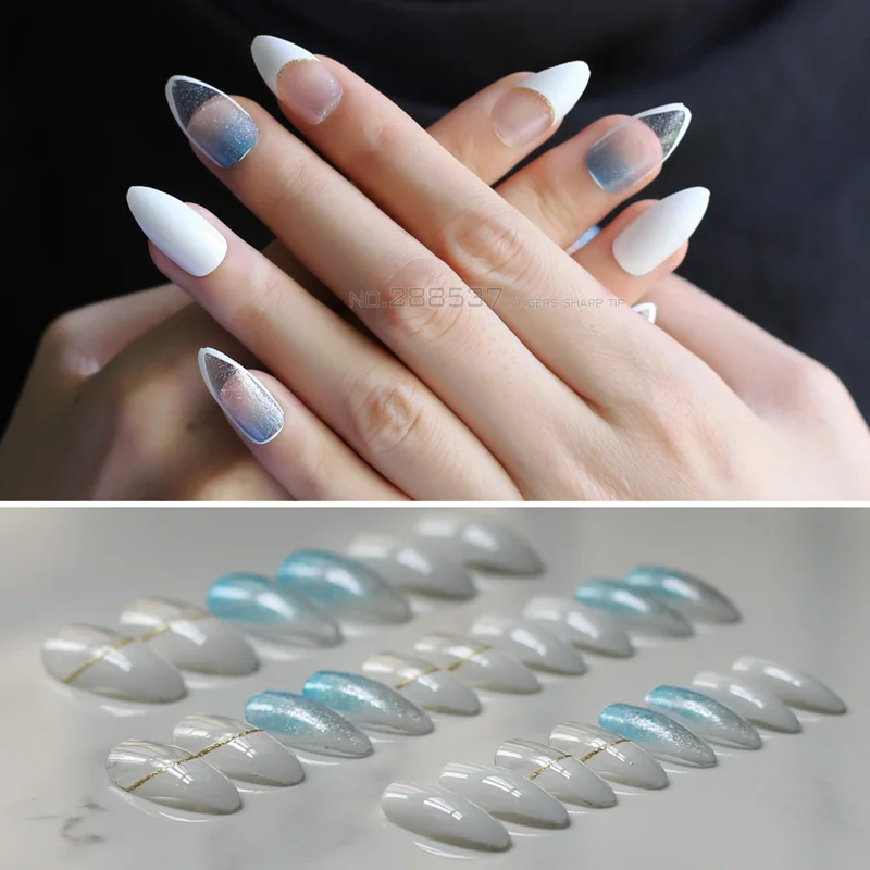 Прозрачные Натуральные Французские острые накладные ногти 24 шт. синяя вспышка