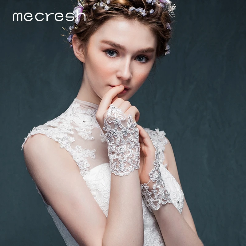 Mecresh, без пальцев, белые/цвета слоновой кости, свадебные перчатки, полиэстер, Аппликации, длина запястья, кружевные перчатки для невесты, свадебные аксессуары ST002