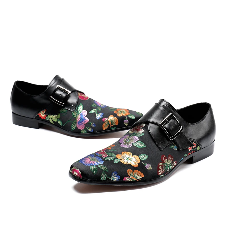 New fashion buckle embroidered leather casual shoes men black red pointed toe wedding photography mens career work | Обувь