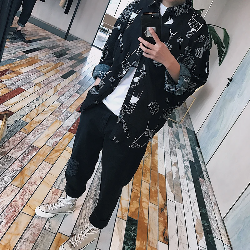 

2018 spring and summer fluid black print breathable shoulder width long-sleeve shirt male