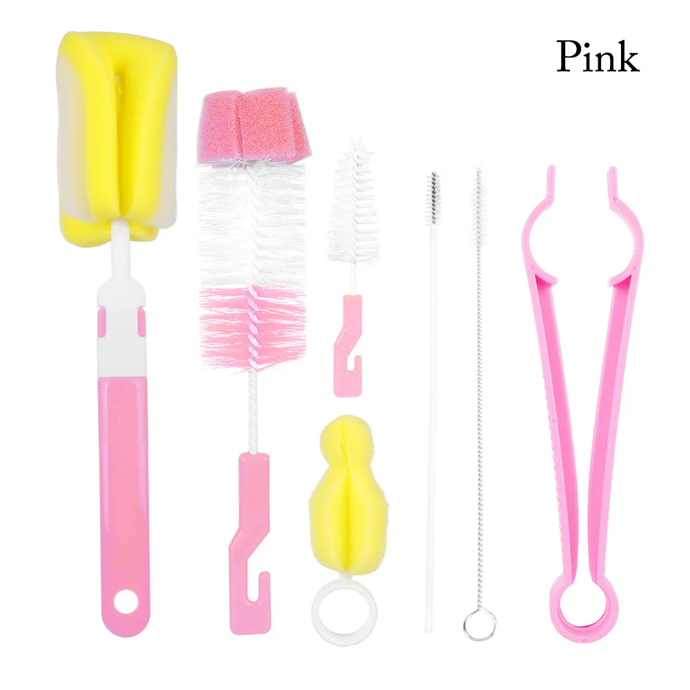 7Pcs-pink 2/5/7/10 шт. детских бутылочек набор кистей детская соска 360-держатель с вращением на чистящей губкой носик чашки набор кистей бутылки Чистый инструмент - Цвет: 7Pcs-pink
