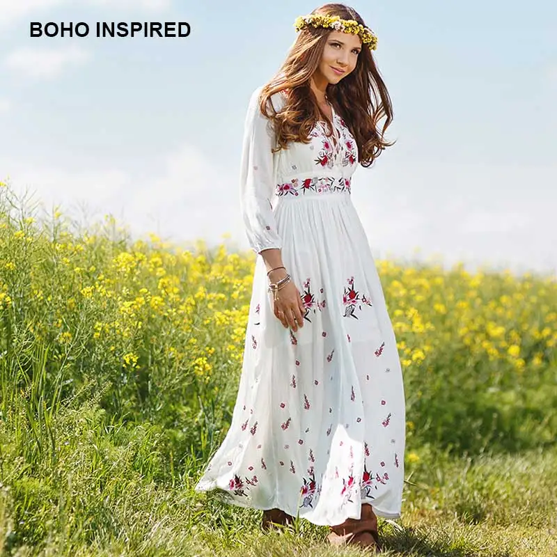 Богемный Вдохновленный женское платье Цветочная вышивка v-образным вырезом на