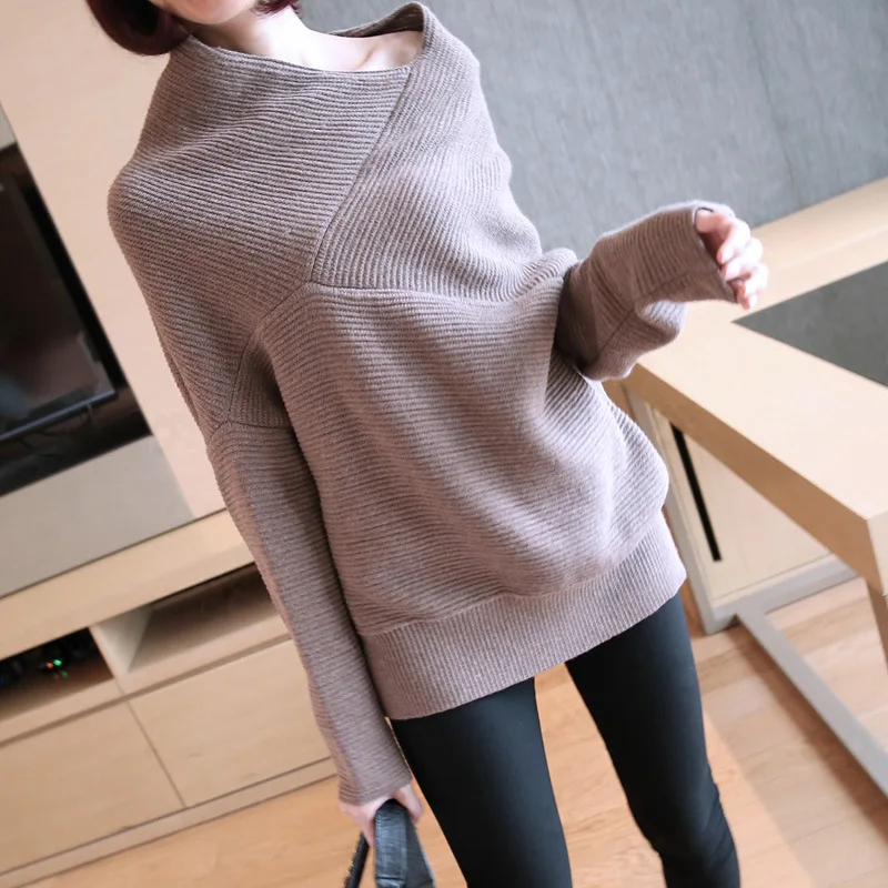 PoNiRiA Autumn New Women's clothing Korean version loose fashion headwear sweater female long sleeve slash neck solid OL | Женская
