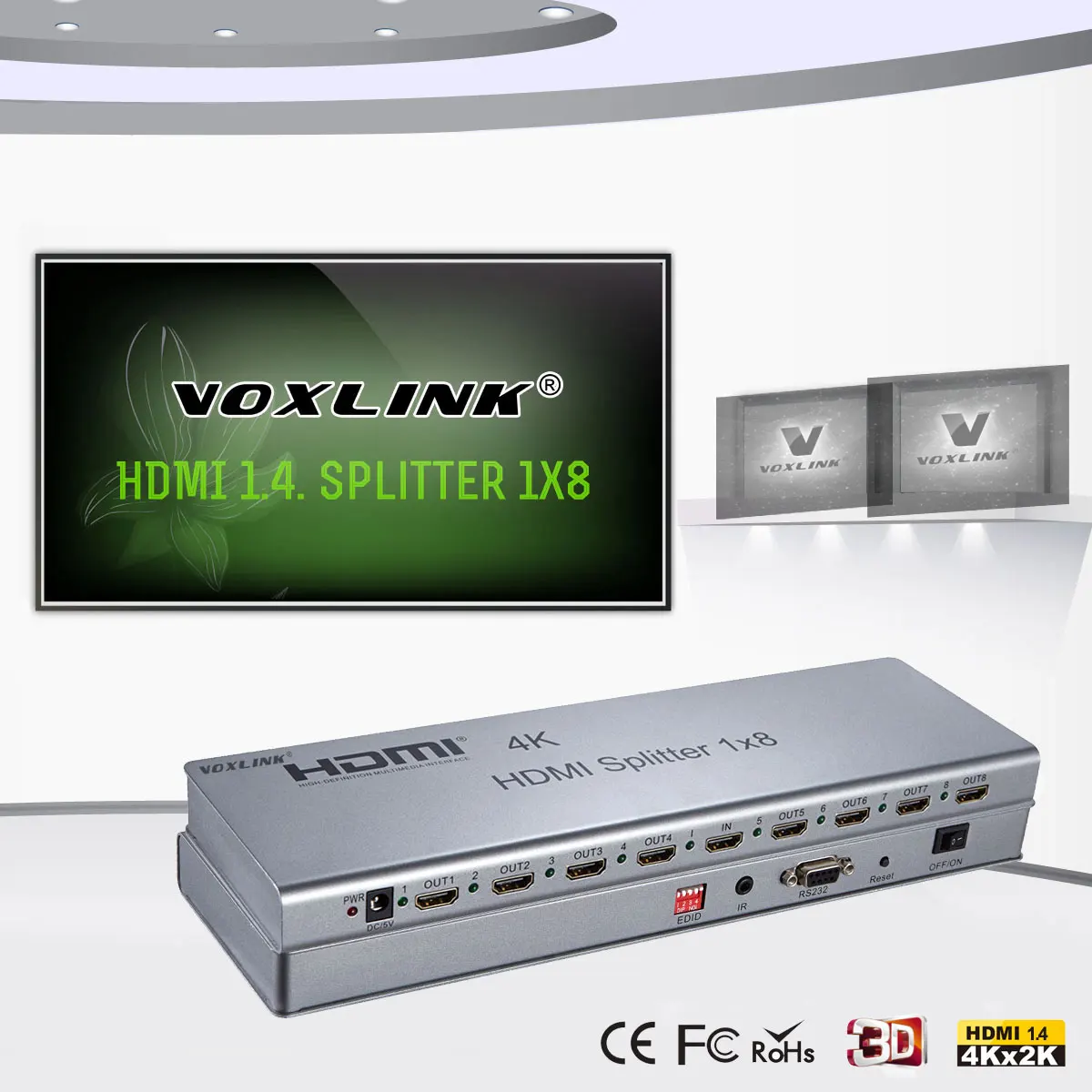 Voxlink 4 К 3D 1080 P HDMI Splitter 1x8 Порты и разъёмы Switcher С EDID RS232 HDCP ИК Дистанционное