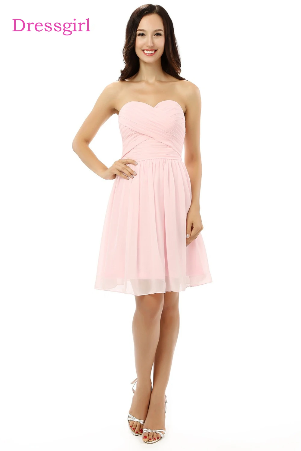 

New Cheap Bridesmaid Dresses Under 50 A-line Sweetheart Short Mini Chiffon Pink Wedding Party Dresses