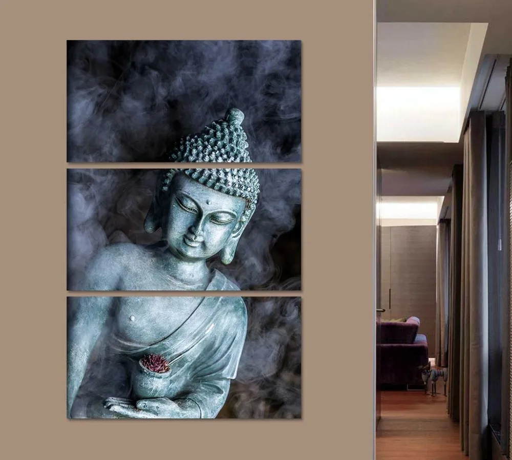 HD в рамке печать 3 шт. Дымчатая статуя Будды холст настенная живопись современный