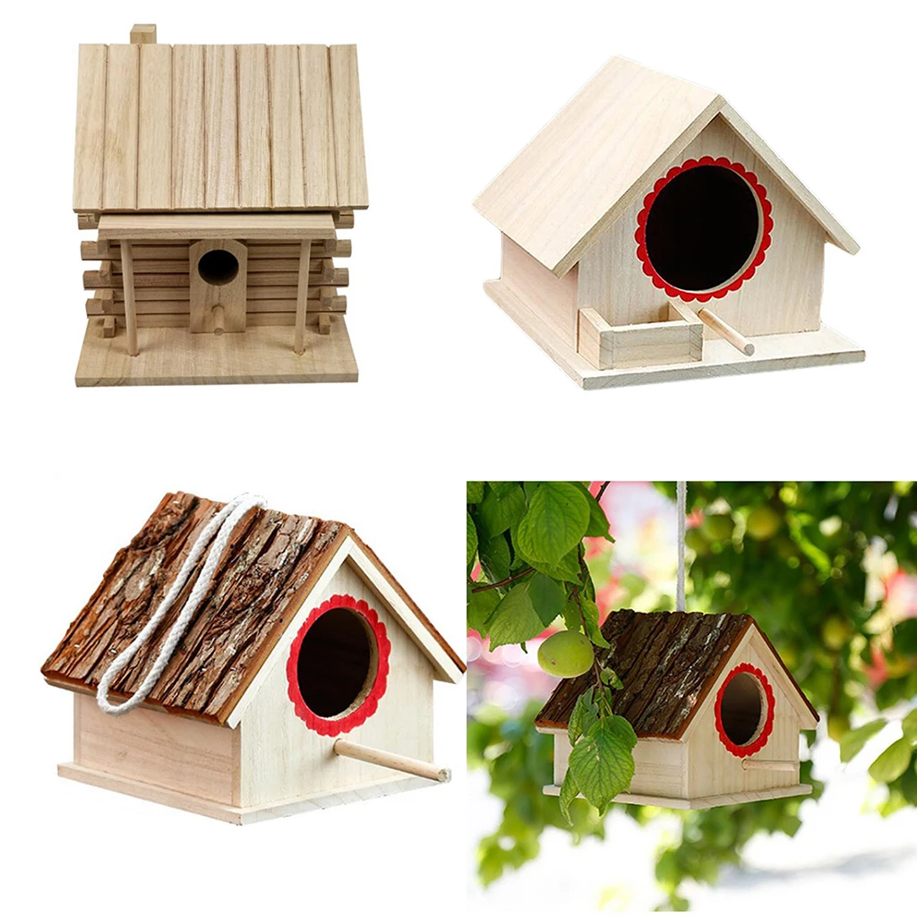 3 Designs Wooden Garden Birdhouse Wood Bird Cage Breeding Box for Outdoor Indoor Hanging Decoration