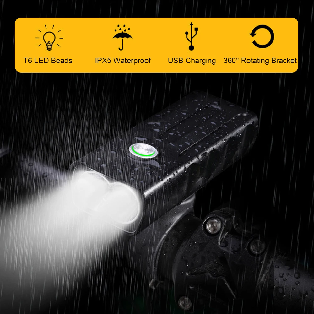 

Double Led Bike Front Headlight High Power Rechargeable USB Flashlight IPX5 Waterproof 18650 T6 LED Lamp Torch Bike Accessories