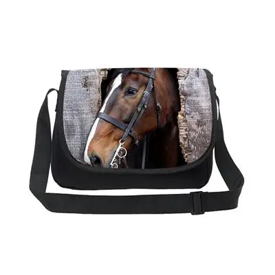 Прохладный девочек-подростков школьная crossbag 3D Crazy Horse один сумка для детей среднего студента Книга сумка Для женщин одного плеча - Цвет: Черный