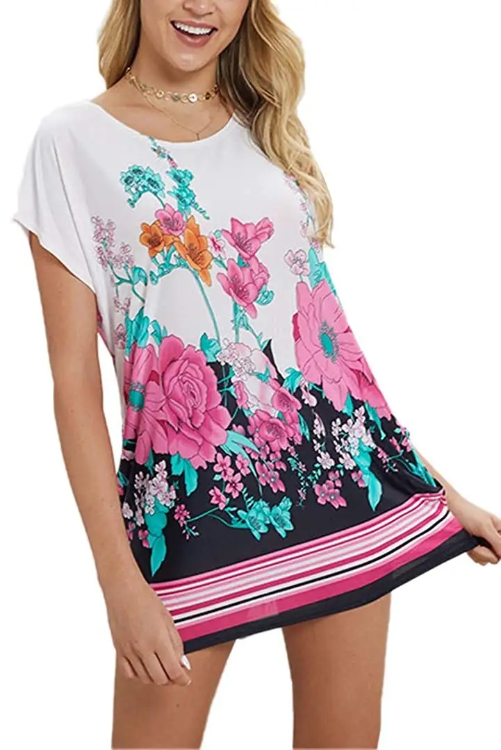 Для женщин Летняя туника топ с круглым вырезом короткий рукав цветочный